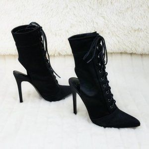 So Me Tweety Black Satin Pointy Toe Open Heel Ankle Boots Sizes Varies